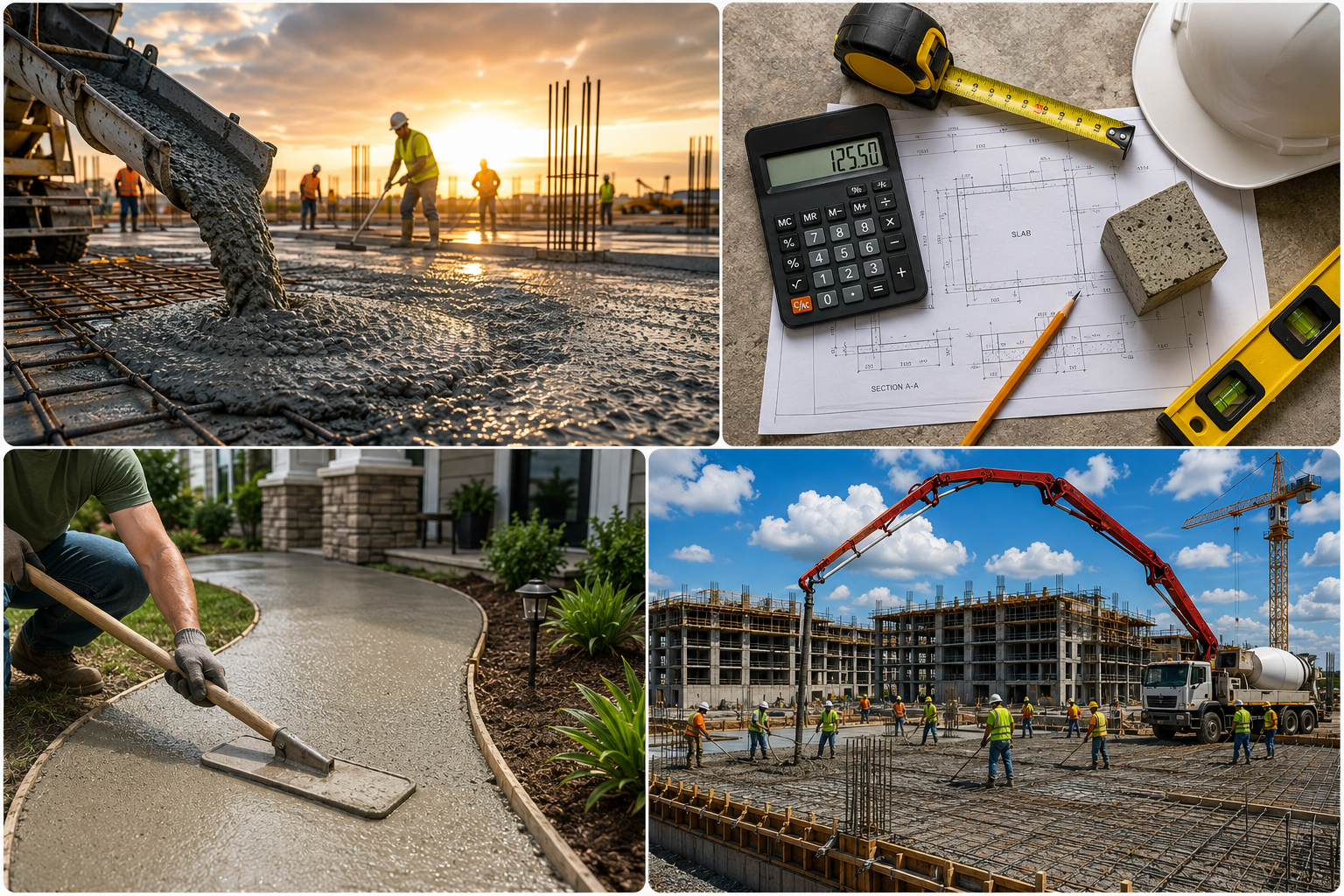 Concrete construction projects including a slab pour, measuring tools, a garden path and a commercial pour